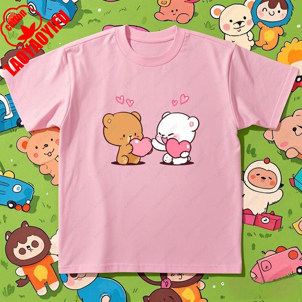 Kawaii Couple Tshirt Matching Milk and Mocha Cartoon Anime Print Cotton Unisex Women TShirt Couple Tee Summer Casual Shirt Tops