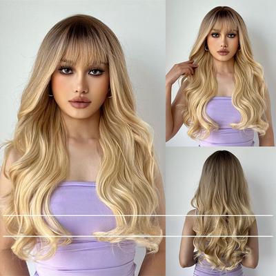 Full Headgear Black Gradual Change Gold Qi Bangs Long Curly Hair Big Wave Wig Female