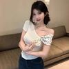 Small Sexy French Pure Desire Slanted Shoulder Bow Slim-fitting Short-sleeved T-shirt Women's Summer Spice Girl Slim Bottom Short Top Women's T