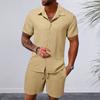 2Pcs/Set Men Casual Outfit Lapel Short Sleeve Single Breasted Shirt Elastic Drawstring Waist Wide Leg Shorts Set Solid Color Loose Fit Outfit
