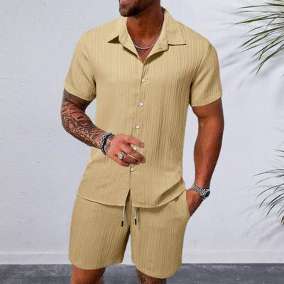 2Pcs/Set Men Casual Outfit Lapel Short Sleeve Single Breasted Shirt Elastic Drawstring Waist Wide Leg Shorts Set Solid Color Loose Fit Outfit