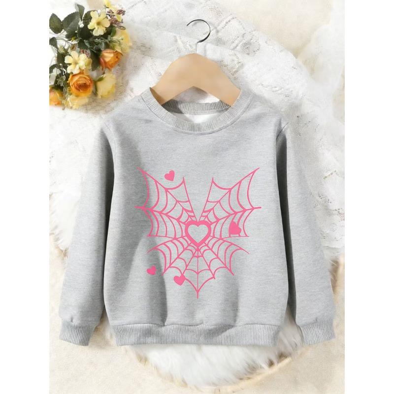 Unisex Kids Crewneck Sweatshirt, Pink Heart Spider Web Print Pullover, Boys Girls Gothic Valentine Casual Sweatshirt For Kids Over 4 Years Old