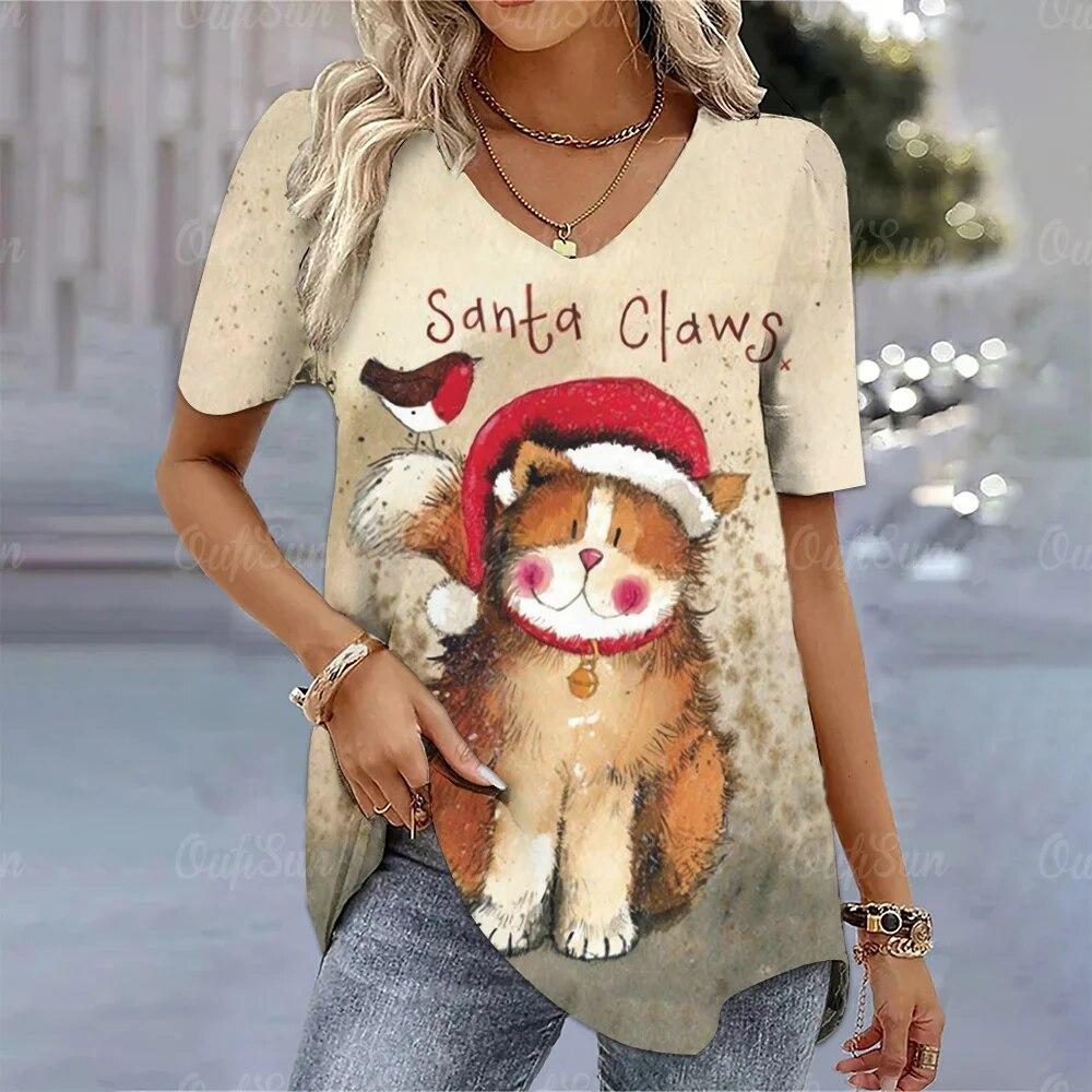 2024 neue Weihnachten Katze Gedruckt T-Shirt Für Frauen Sommer Mode Kawaii Damen Kurzarm T Shirt Tops Festival Femele Kleidung