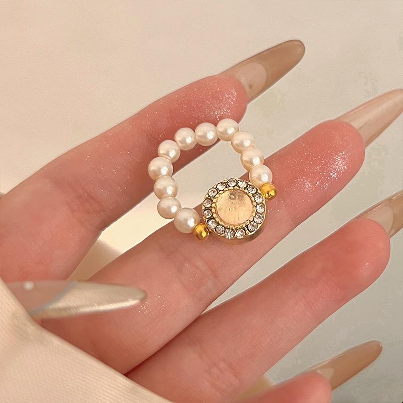 Pearl Beaded Ring Women's Elastic Rope Literary Stacking Index Finger Ring High-end Handmade Ring Jewelry