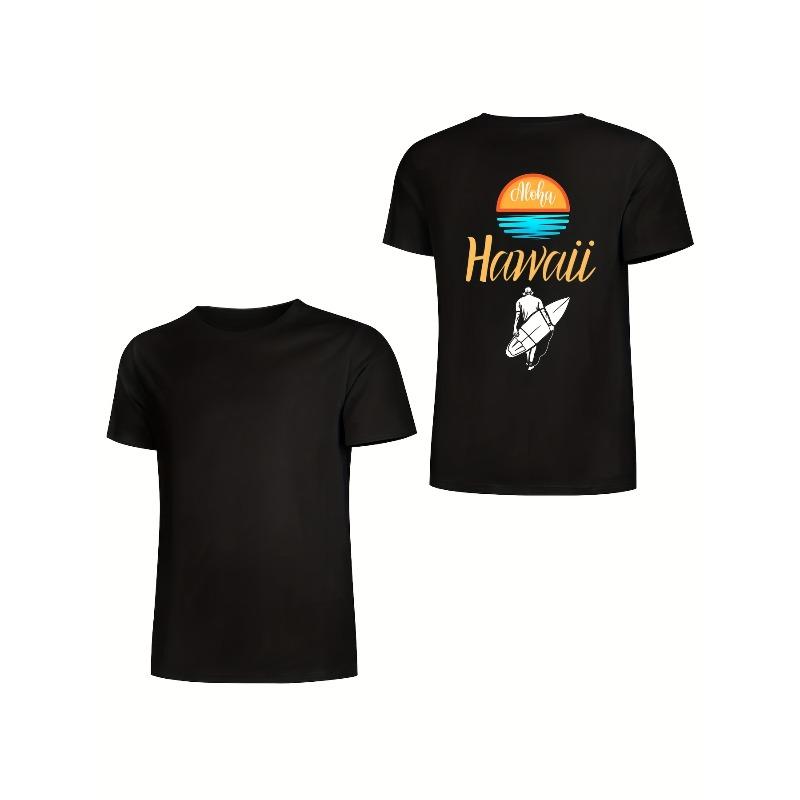European sizes Men's  T-Shirt - Black Tee with Ba Tropical Beacck Print -- Machine Washable Casual Streetwear Top for Surfers & Hawaii Travelers