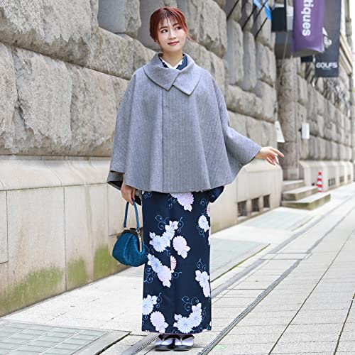 Brilliant Piece Kimono Coat, Shawl Collar Poncho Cape, Winter Herringbone Kimono Coat, Cold Weather Haori, Gray