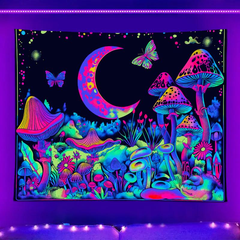 1pc UV reactive mushroom tapestry, plant flower starry sky tapestry, moon phase butterfly neon light effect tapestry