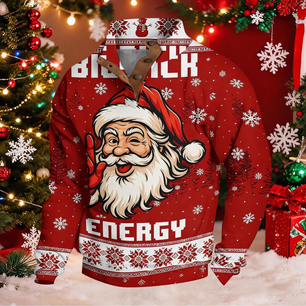 Men's Christmas Novelty Print Long Sleeve Button Placket Pullover Sweatshirt for Winter