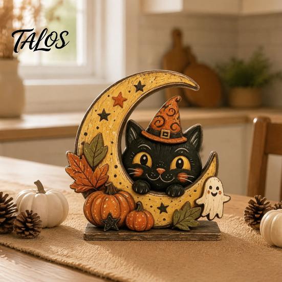 Waterproof Solid Wood Ornaments Halloween Retro Pumpkin Witch Cat Ghost Figurines with Crescent Base, Spooky Vintage Fall Holiday Party Supplies