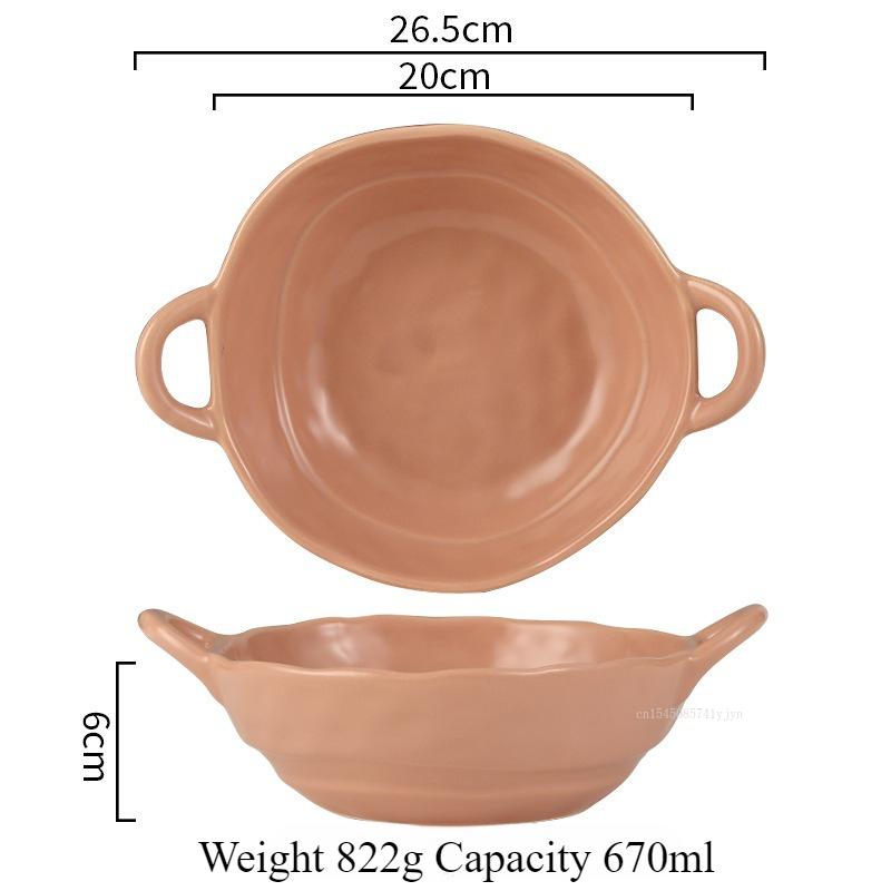 Ceramic Salad Bowl with Handle Binaural Bowl Irregular Ceramic Kitchen Soup Noodles Dessert Salad Bowl Heat-resistant Design 1PC
