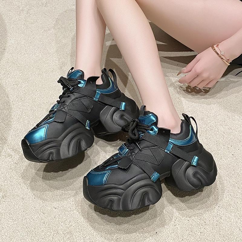Fashion 7.5CM Women High Platform Sneakers Autumn Winter Lace-up Chunky Shoes Heels Thick Sole Casual Shoes Woman Sport Leather Sneakers