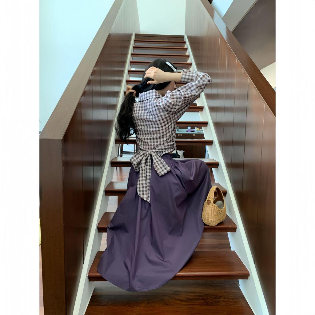 Interpret Beauty 2025 Early Spring French Retro Gingham Puff Sleeve Tie-Waist Women's Shirt