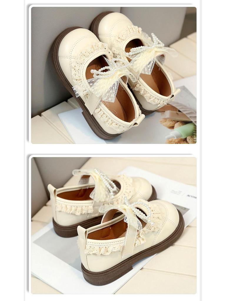 Girls' Lace Bow Leather Shoes - Spring & Autumn Korean Style Princess Performance Shoes with Pearls