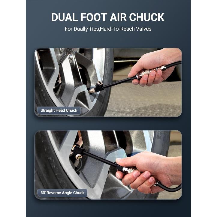 Air Chuck Set, 1/4" FNPT Extended Reach Dual Head Air Chuck W/Quick Plug, 2-Way Connect Tire Air Chuck For Tire Inflator Gauge/Air Compressor, Tire