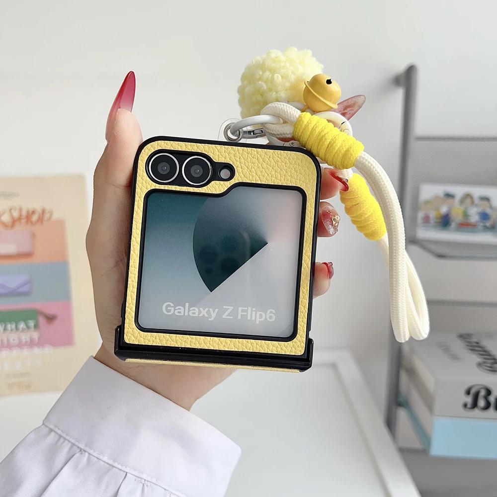 Cute Cartoon Dog Embroidery Wrist Strap Case for Samsung Galaxy Z Flip 7 6 5 Flip 3 4 Lanyard Litchi Leather Hairball Ins Cover