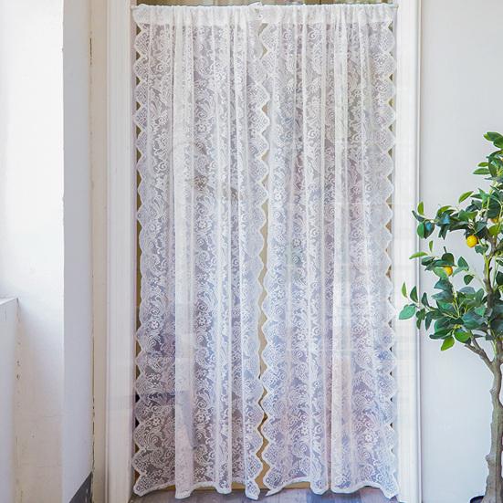 1 Panel White Lace Door Curtain, Sheer Room Divider Curtain, Retro Scalloped Floral Lace Curtain with Rod Pocket for Bedroom Balcony