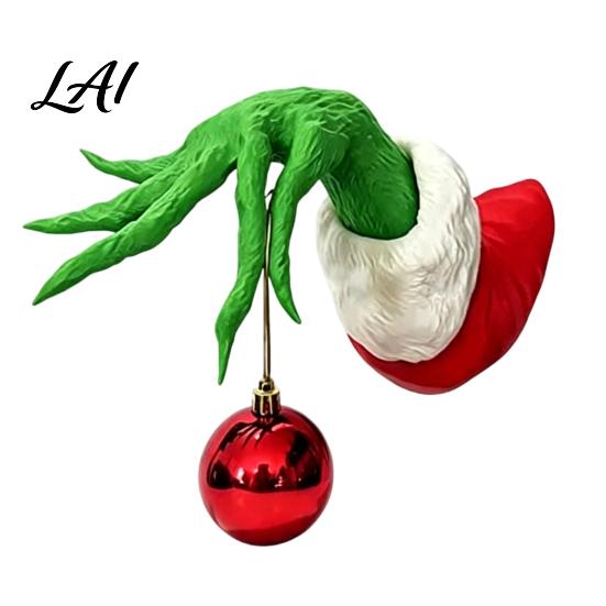 Atmosfera Festiva Natalizia Decorazioni Elfo Mano Albero con Palline Rosse Appese Scultura in Resina Verde Decorazione Natalizia Supporto Divertente per