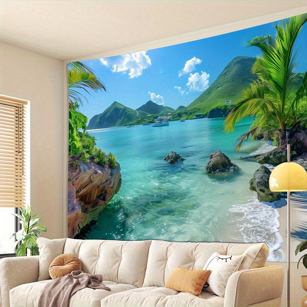 Scenic Beach Tapestry Ocean Wave Palm Tree Wall Hanging Tapestry Tropical Seascape Art Decor For Bedroom Living Room Dorm