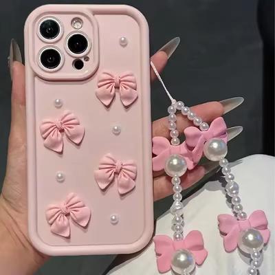 Silikonowe etui na telefon 3D z kokardą i perłą dla iPhone 16 17 Pro 15 14 13 12 11 Pro Max 16E 7 8 Plus ze smyczą miękki pokrowiec