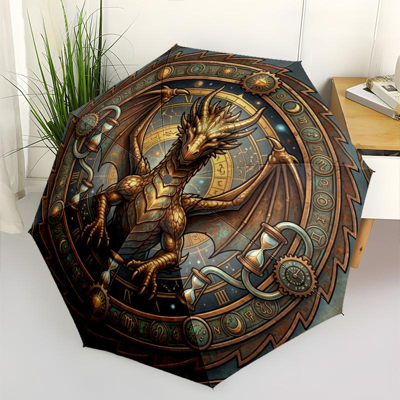 Steampunk Dragon Zodiac pattern umbrella, portable and foldable design, 8 ribs, a casual accessory for Halloween, Christmas, and birthday gifts.