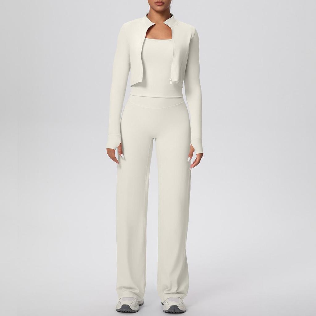Women's High-Waisted Yoga Set: I-Beam Vest, Wide-Leg Pants, Skin-Friendly Sports Zipper Jacket