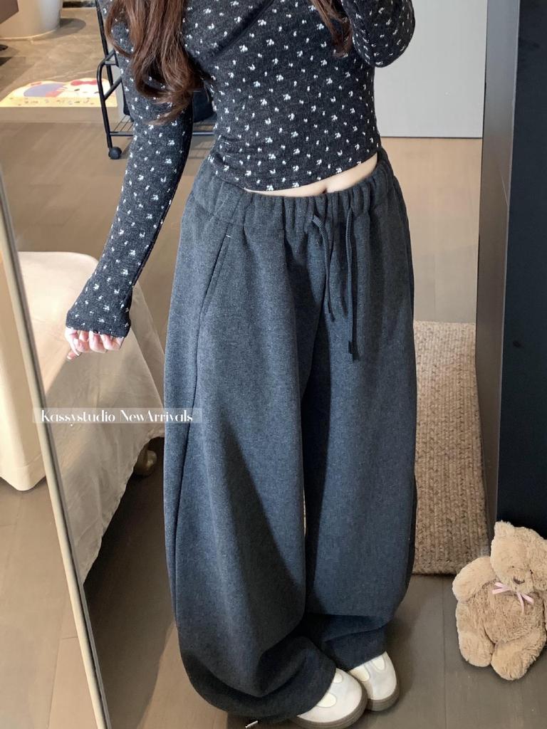 High Waist Drawstring Wide Leg Casual Pants for Women - Autumn/Winter Plus Velvet Trendy Style