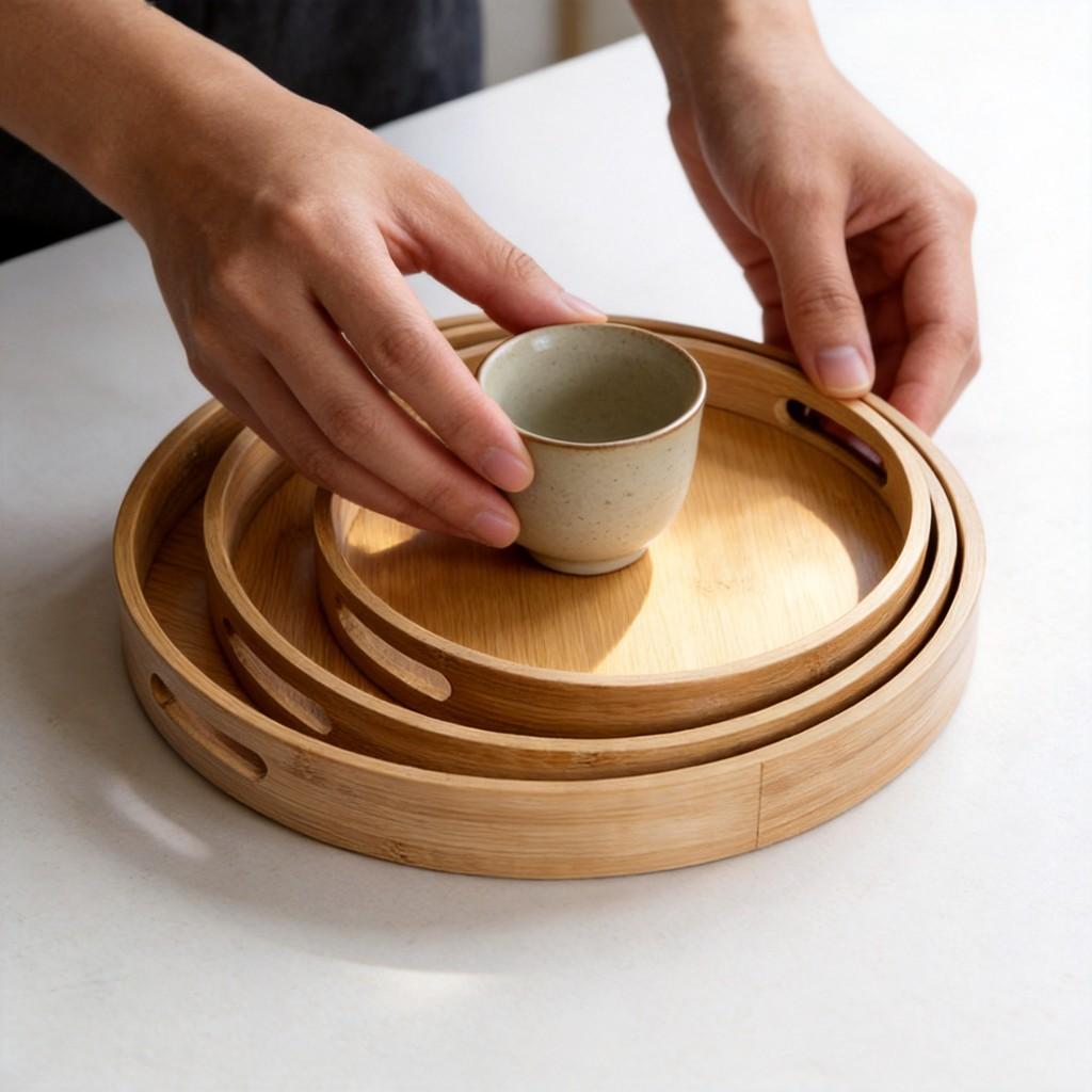 Bamboo Tray Round Handcrafted Tea Serving Plate For Home Tea Sets