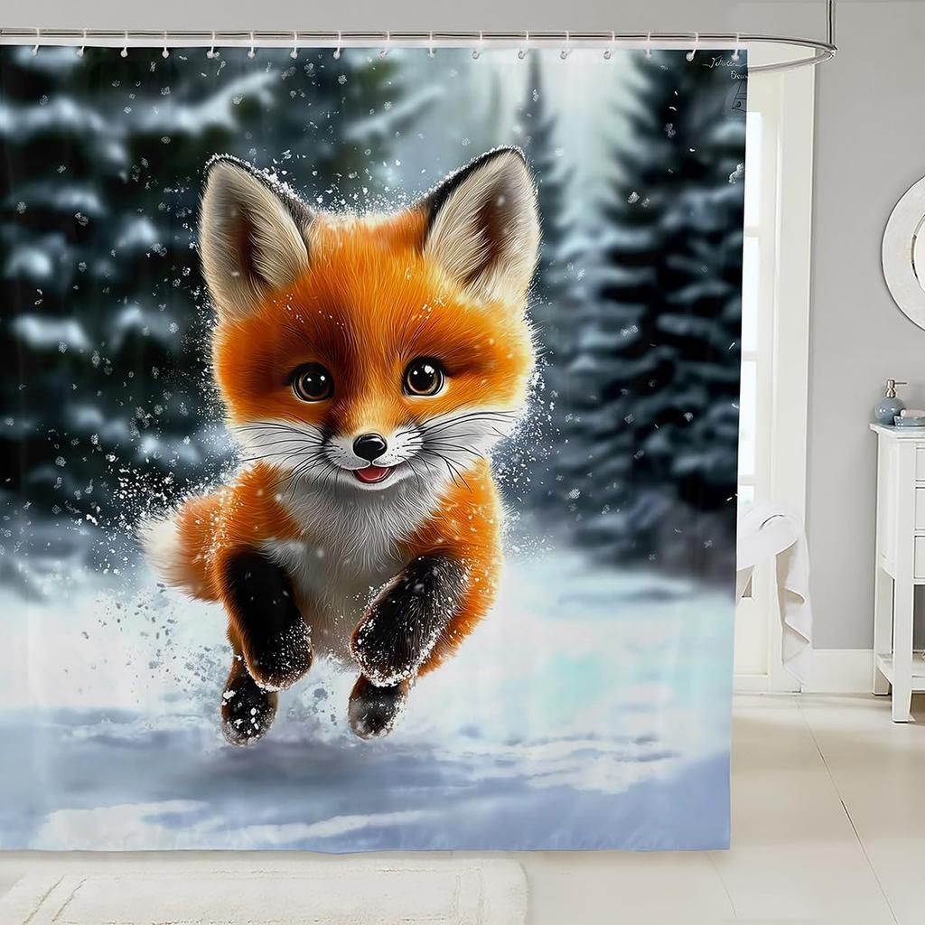 Pink Fox Shower Curtain Japanese Cherry Blossoms Bath Curtain Girls Teens Cute Cartoon Bathroom Shower Curtain Set Waterproof