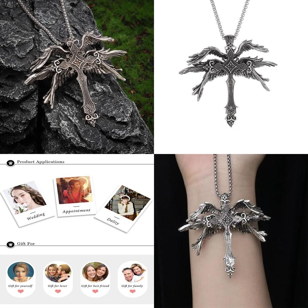 Fashionable Six Wing Angel Cross Necklace Eye-catching Design With Alloy And Pearl Chain