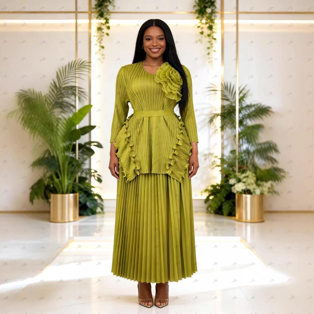 Miyake Plus Size African-Inspired Pleated Ruffle Irregular Two-Piece Set - Women's Fashion