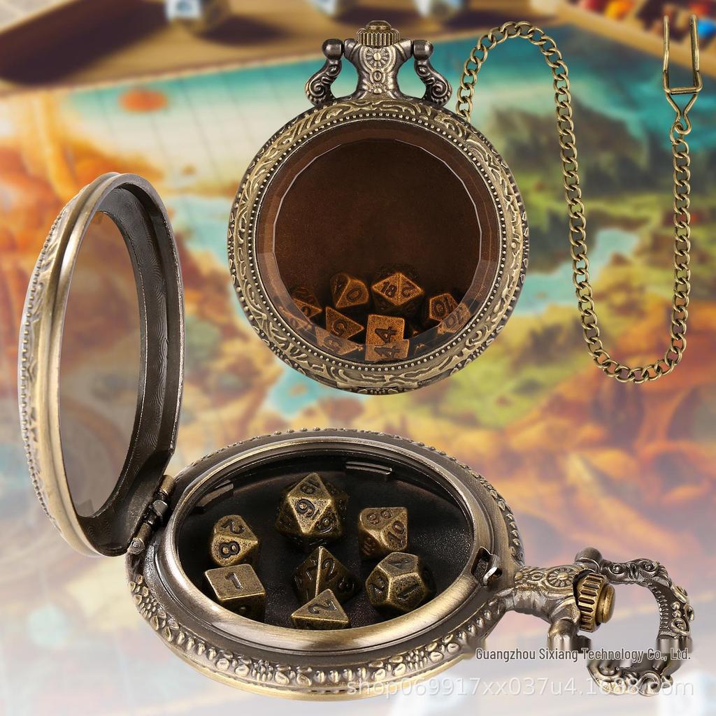 Glass Pendant Pocket Watch with DND Dice Board Game Set