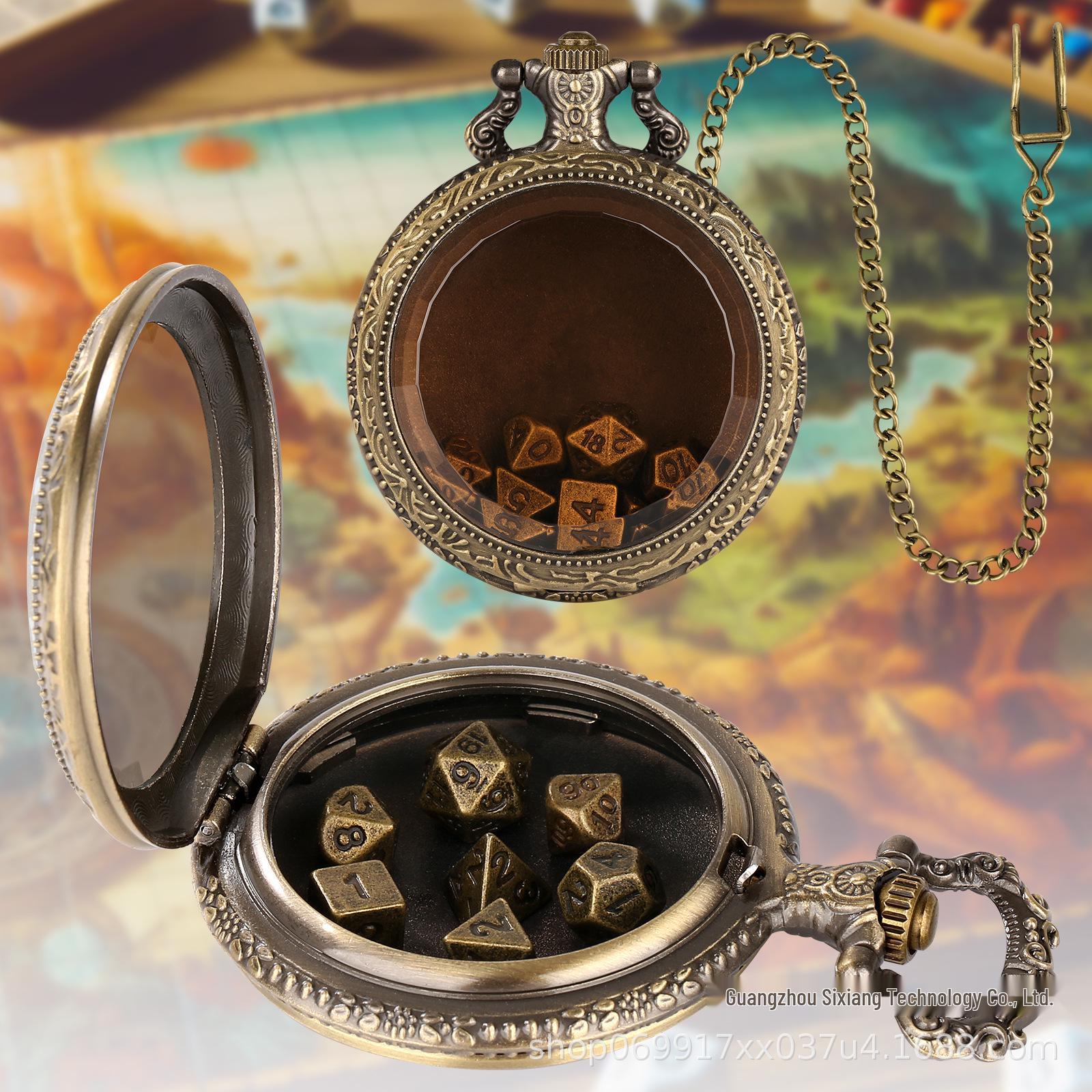 Glass Pendant Pocket Watch with DND Dice Board Game Set