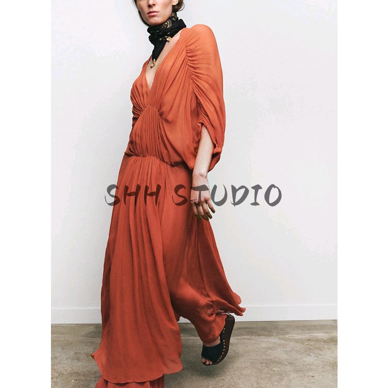 Summer Women's Asymmetric Hem V Neck Cape Sleeves Ruched Dress 2627219 2954285