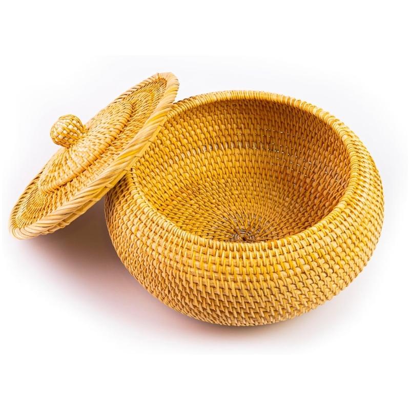 Handwoven Round Rattan Storage Basket With Ventilated Lid For Home Organization Natural Vietnamese