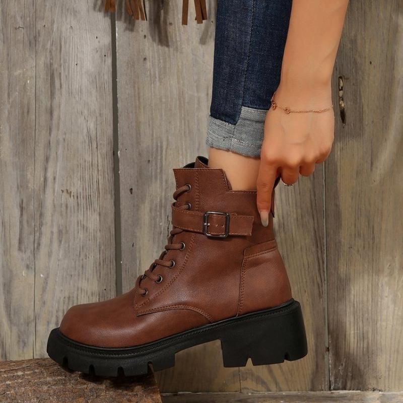Fashion Women's Platform Chelsea Boots New Round Toe Chunky Heel Women Brown Ankle Boots Outdoor High Heel Leather Boots Zapatos Mujer