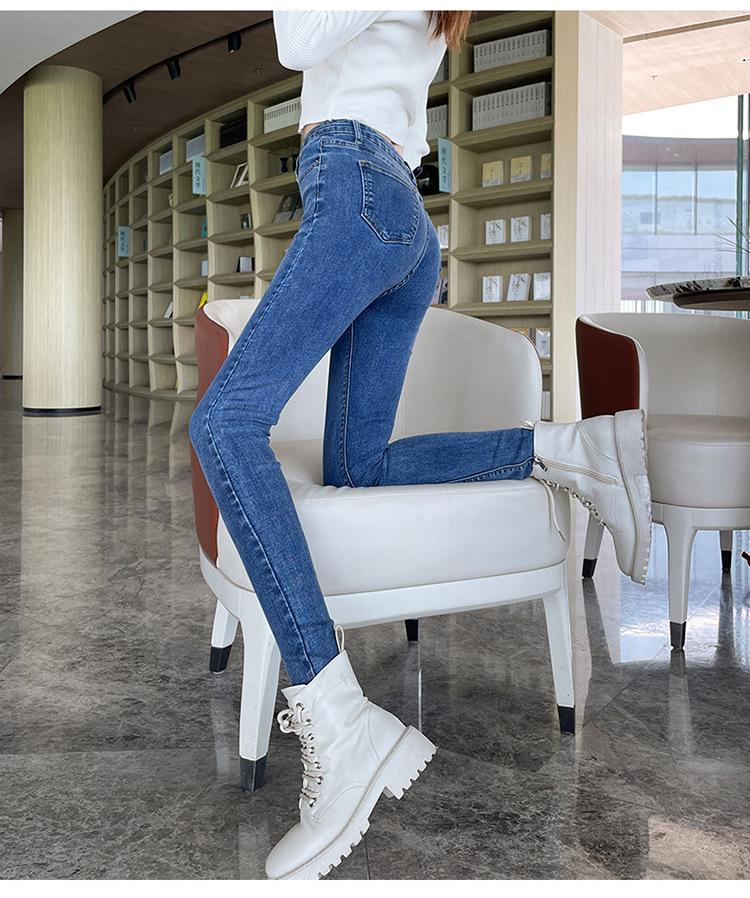 Women's High-Waist Skinny Denim Jeans - Dark Blue, Elastic, Plus Velvet, Spring 2024 Fashion.