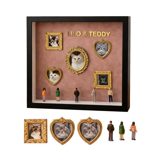 DIY Mini Museum Silhouette Box Personalized Photo Display Shadow Box Frame Kit with Mini Gold Frames Figurines Pet Memorial Gift for Home Bedroom Desk