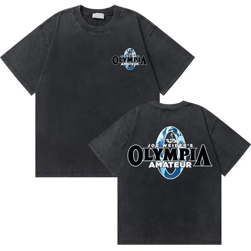 T-shirt Vintage Lavate Olympia Amateur Corea Stampa Double Face Uomo Fitness Palestra Copri Muscoli T-shirt Moda Maschile T-shirt Oversize