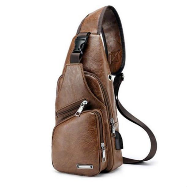 Men's Shoulder Pack Charging Leather Movement USB Chest Bag Sports PU Hiking Sling Bag