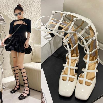 Fashion Buckled Gladiator Sandals Women's High Heel Sandals High Knee Women's Summer Zipper Shoes Black Leather