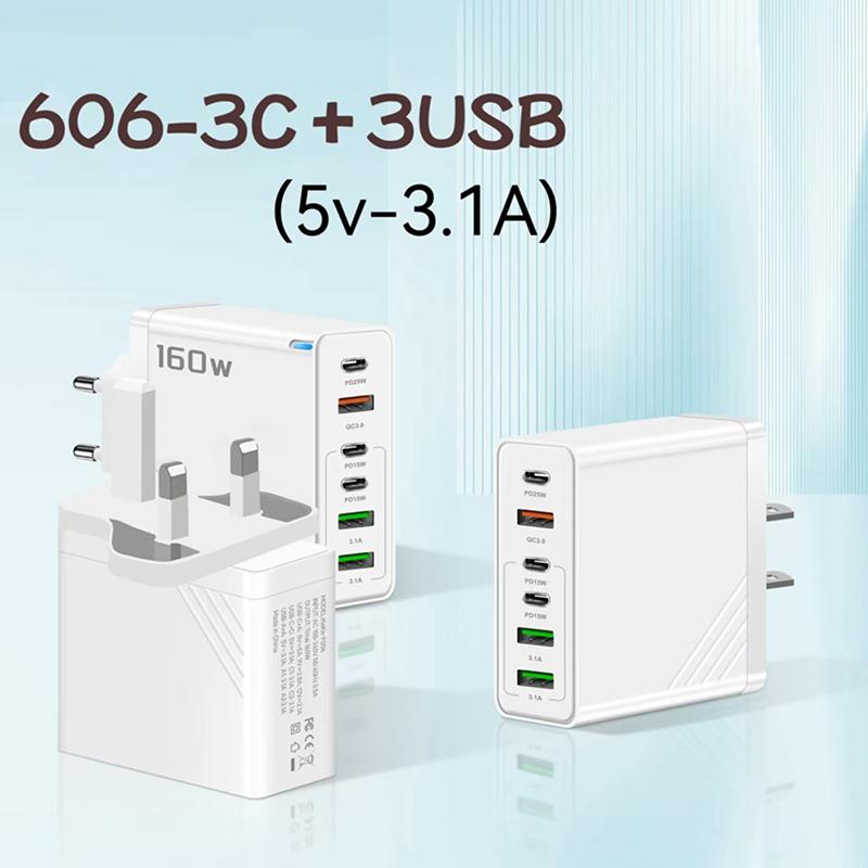 160W 6-Port Fast Charging Usb Type C Quick Charge Pd Qc3.0 Wall Charger Adapter For Iphone Xiaomi Samsung Huawei Phone Charger