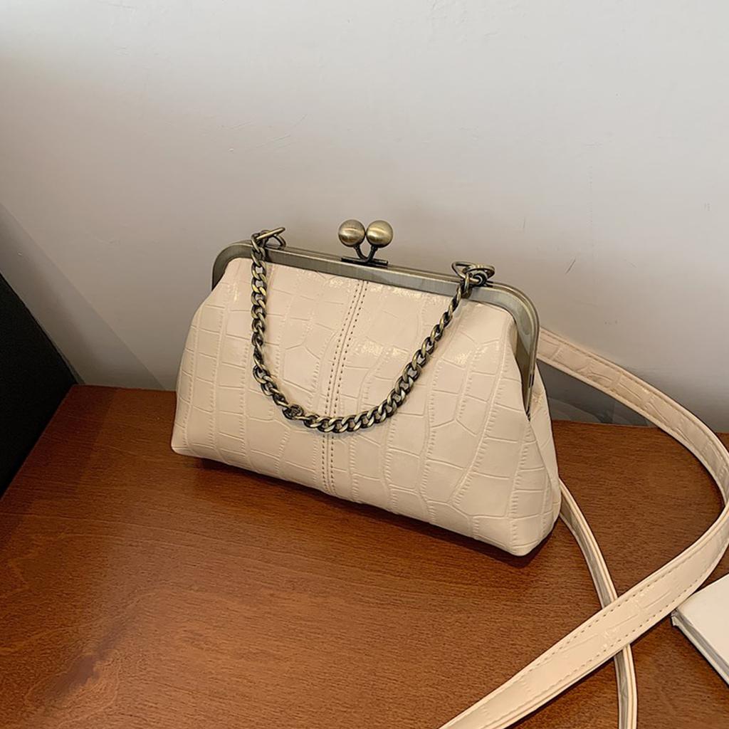 Women Girls PU Leather Kiss Lock Shoulder Bag One Shoulder Crossbody Bag Clip on Chain Handbag for Work School Travel Shopping