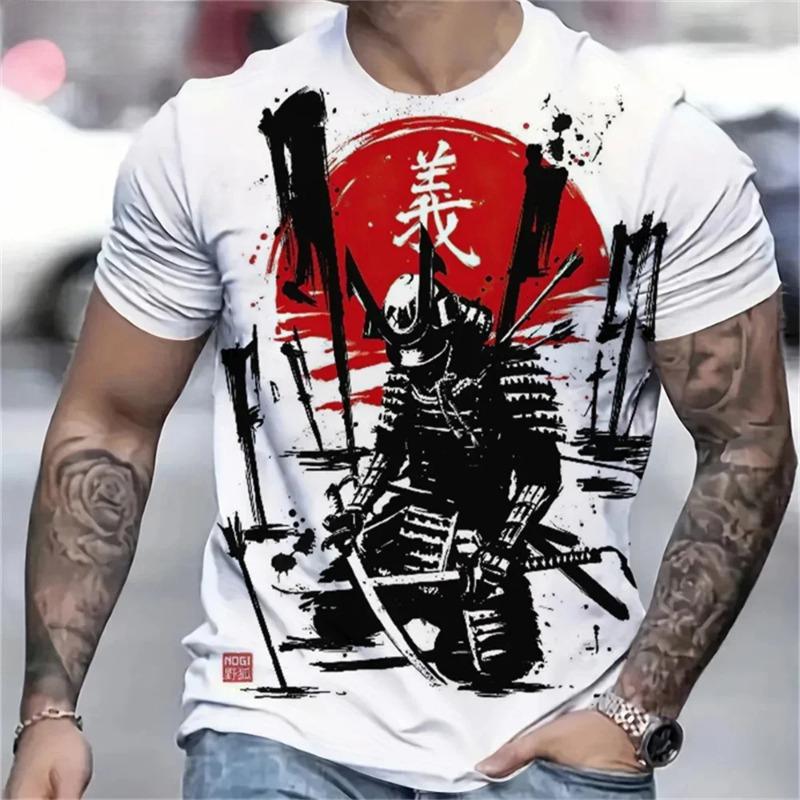Camiseta de Samurái Japonés Impresa en 3D para Hombre Camisetas con Patrón de Personalidad Moda de Verano Cuello Red Tops Sueltos de Calle Camisetas de Manga Corta