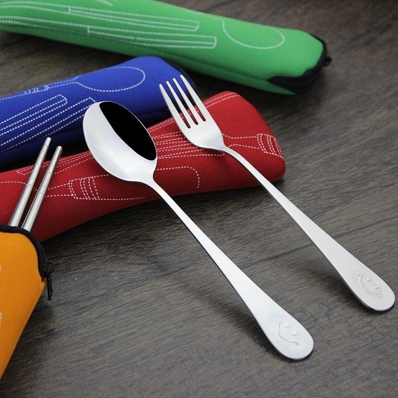 Travel Outdoor 3PC Stainless Steel Fork Spoon Chopsticks Cutlery Set Portable Camping Bag Picnic