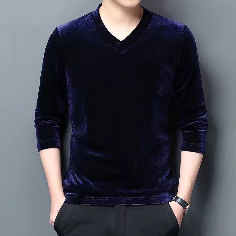 Men s Autumn V-Neck Gold Velvet Long Sleeve Hoodie - Korean Style Loose Fit M синий