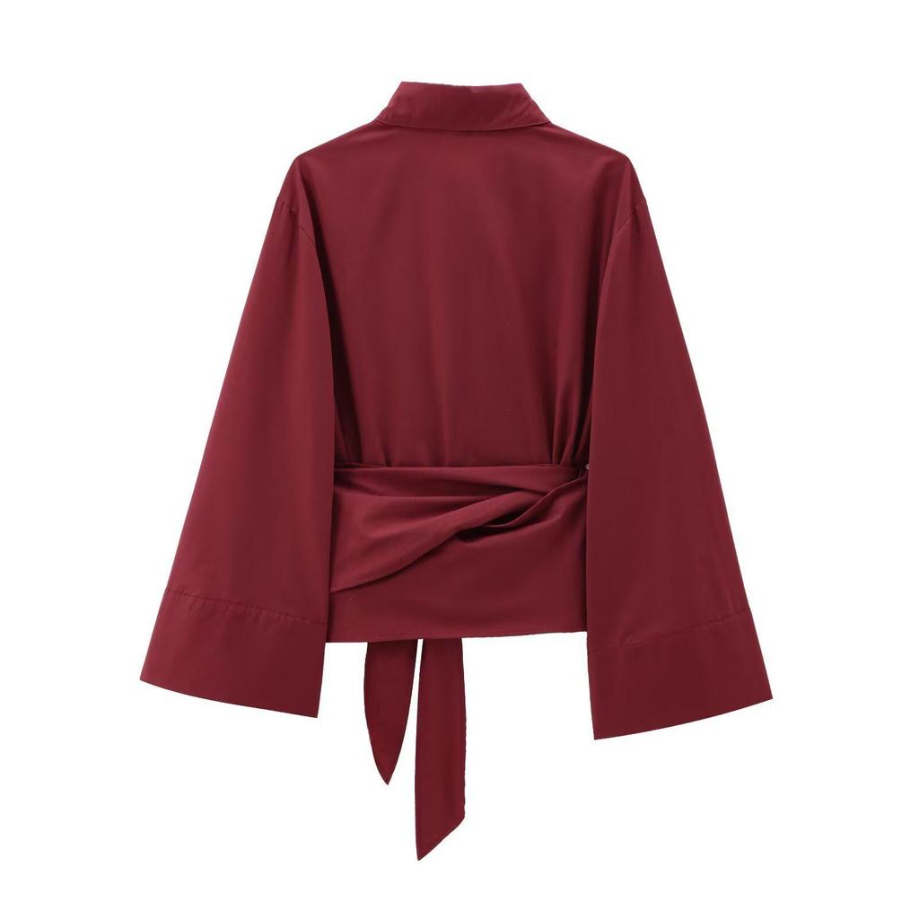 2025 Spring Women's Double-Breasted Poplin Slim Shirt with Bow Tie - European & American Style