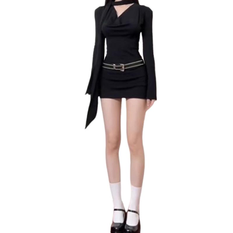 

Spicy Desire Black V-Neck Belted Long Sleeve Dress - Autumn Short Skirt/Women s Hip-Hugging Ribbon Style S