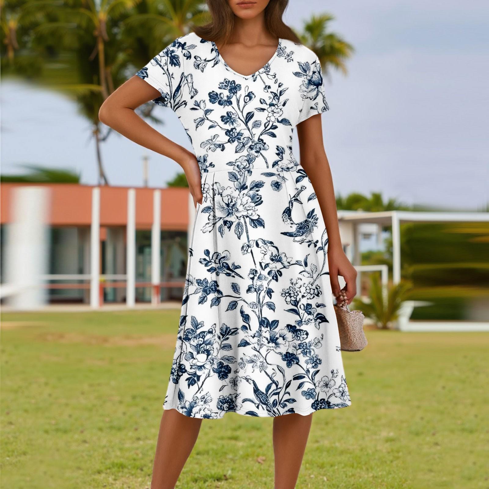 

Женское летнее модное повседневное платье с цветочным принтом, V-образным вырезом, короткими рукавами и карманом XL белый