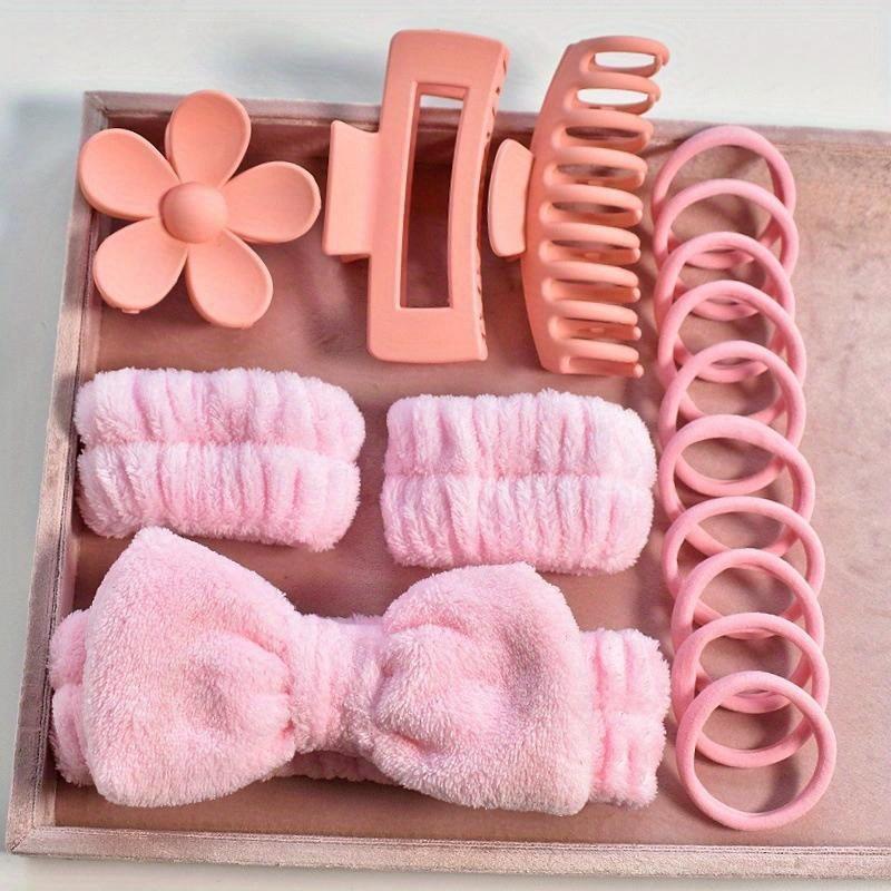 16pcs Bow Wash Face Headband Hair Bands Hair Ties Claw Clips Wrist Band Set - High Stretch Scrunchies, Matte Frosted Large Flower Claw Clips