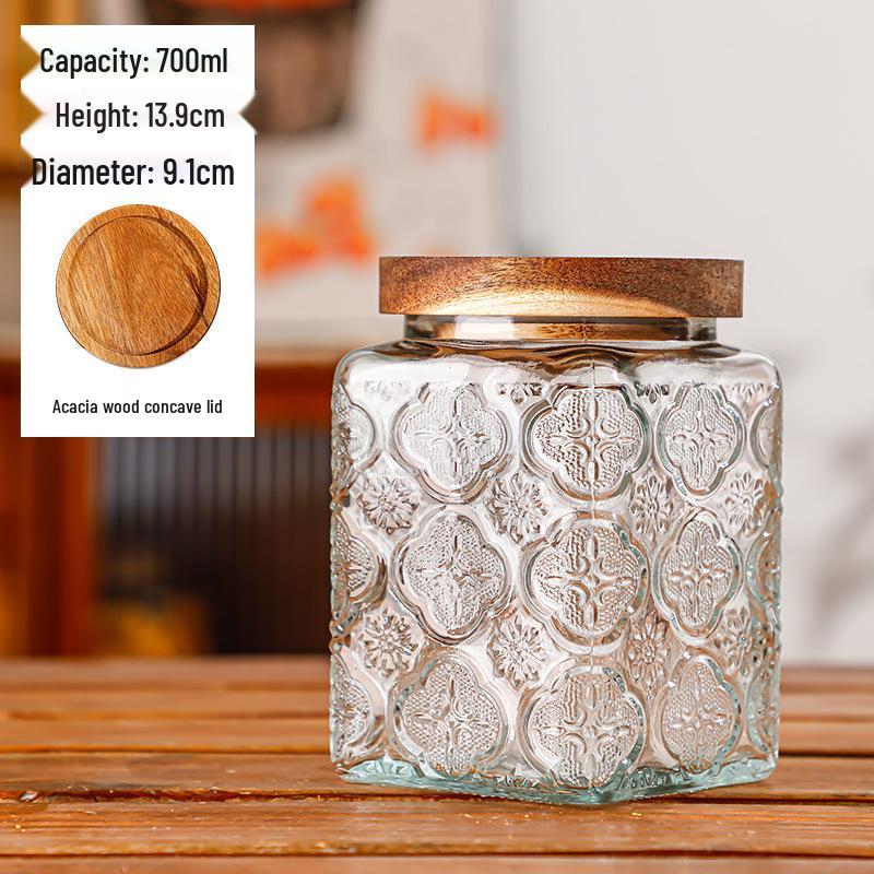 Retro Carved Storage Jar with Acacia Wood Lid for Grains, Dried Fruits, and Snacks